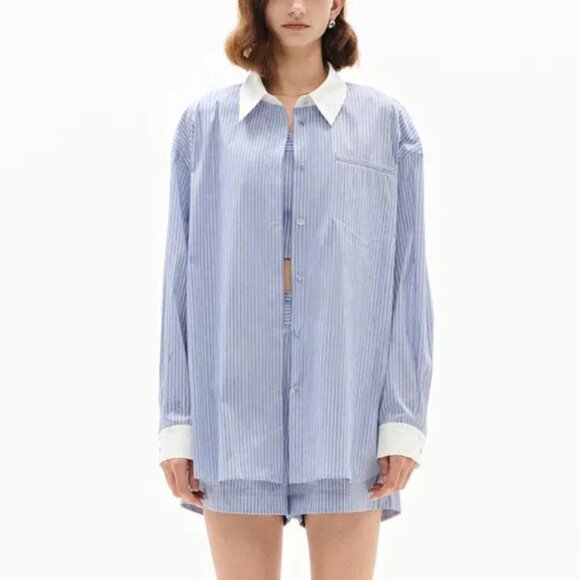 Nao Striped Shirt in Cotton Poplin, Blue Stripe, Size S - Picture 7 of 13